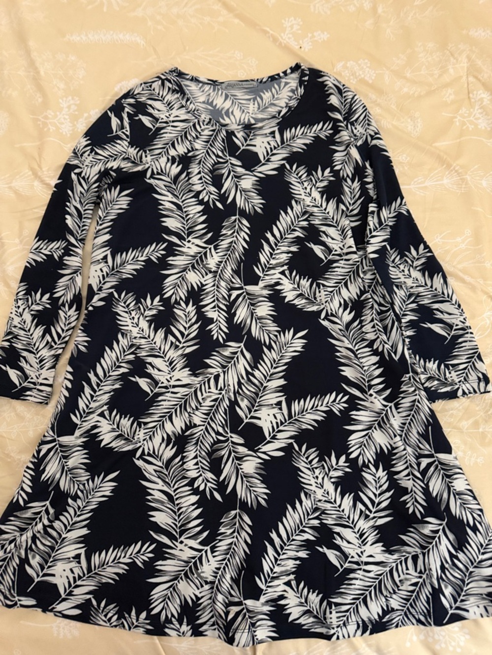 Navy Palm-Print Long Sleeve A-Line Dress